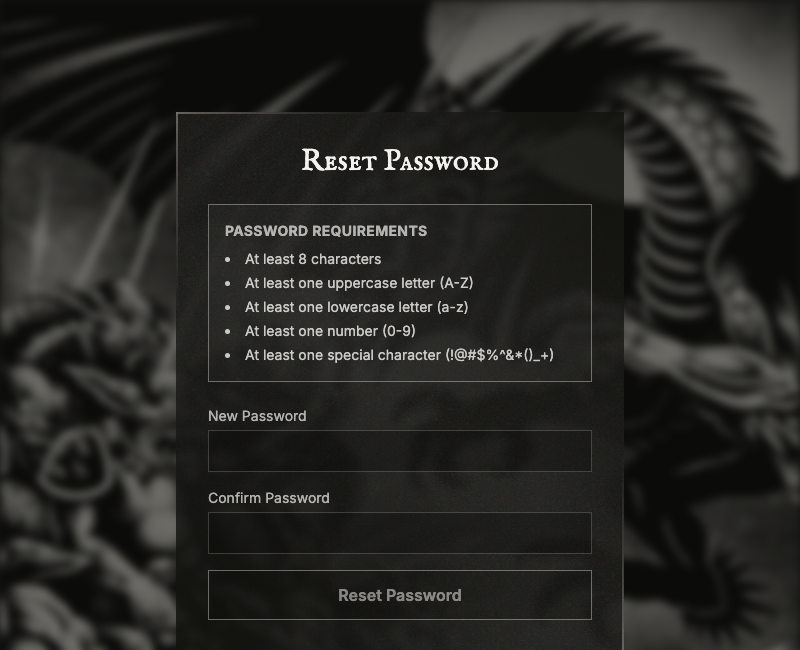New password reset page with clear requirements