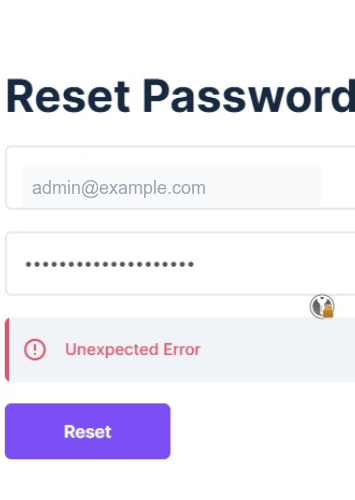 The original password reset showing only "Unexpected Error"